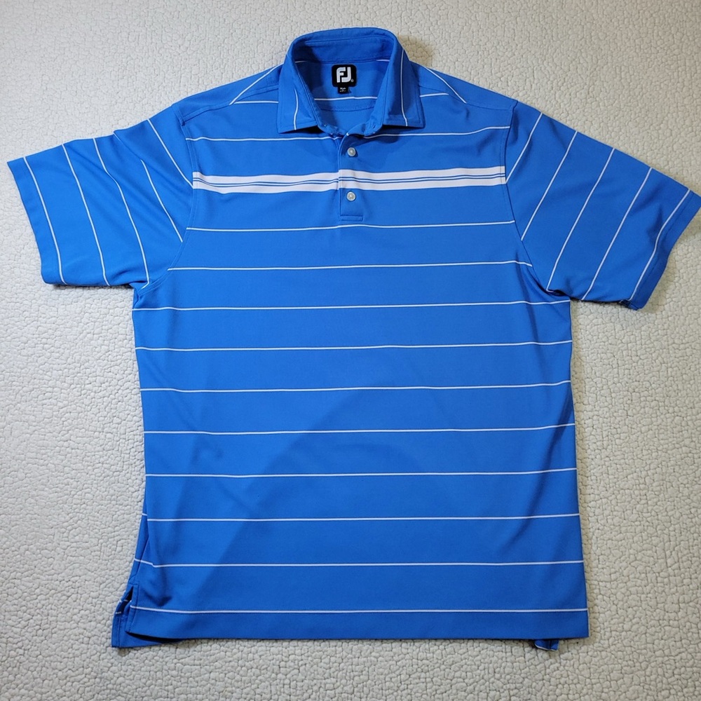 FootJoy Polo Shirt Mens XL Blue White Striped Golf Stretch Short Sleeve Flaws